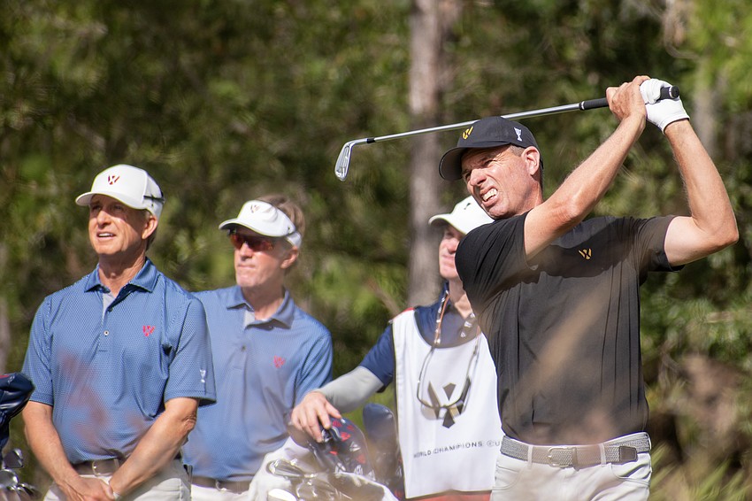 Team International's Steven Alker hits his first shot on the No. 2 hole at The Concession Golf Club on day two of the World Champions Cup. Alker and teammate Retief Goosen would par the hole during the day's Scotch Sixsome session.