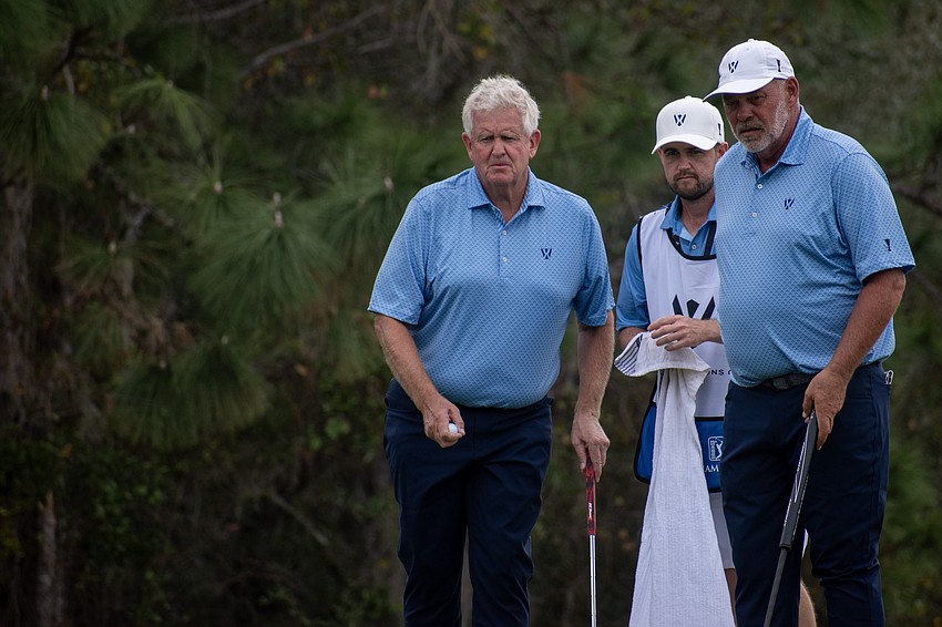 Team Europe's Colin Montgomerie and Darren Clarke have a chat about their plan of attack on day two of the World Champions Cup at The Concession Golf Club. The pair would earn nine points for their team during the day's Scotch Sixsome session.