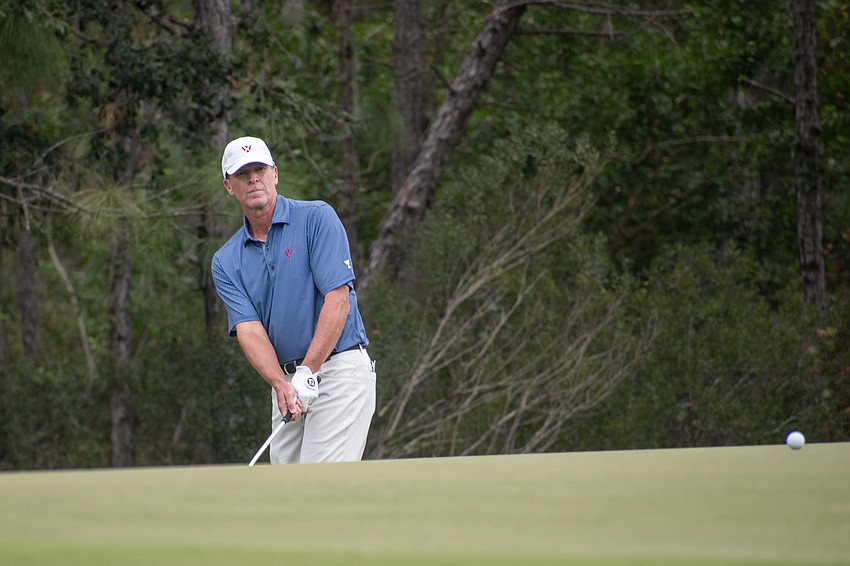 Team USA's Steve Stricker watches his putt on the No. 4 hole at The Concession Golf Club on day two of the World Champions Cup. Stricker's putt would roll past the hole, but he and teammate Billy Andrade would eventually save par on the hole during the day's Scotch Sixsome session.