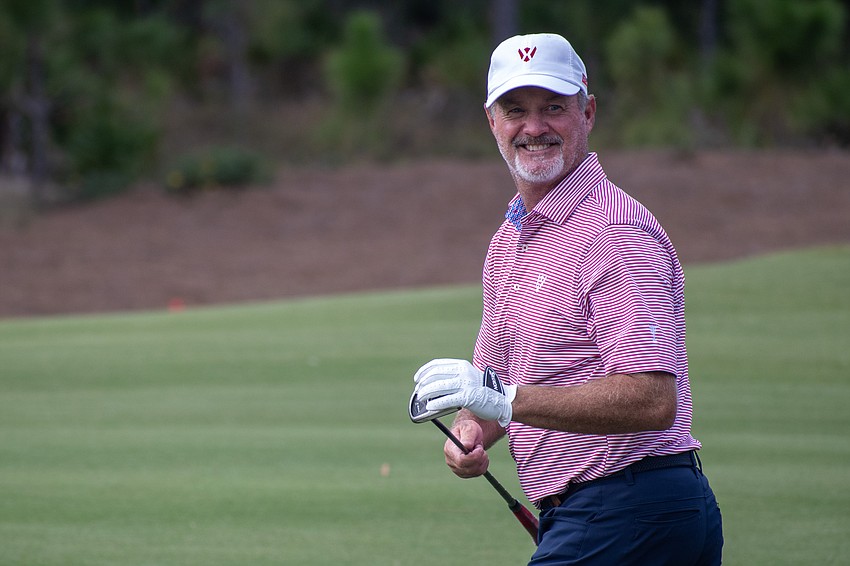 Team USA's Jerry Kelly smiles after a slick chip shot on the No. 5 hole at The Concession Golf Club on the final day of the World Champions Cup. Kelly earned the most points of any player in the competition throughout the week (61).