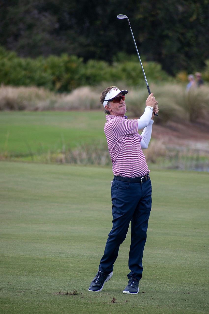 Team USA's Brett Quigley his his second shot on the No. 7 hole at The Concession Golf Club on the final day of the World Champions Cup. Quigley would par the hole, earning one point in the process.