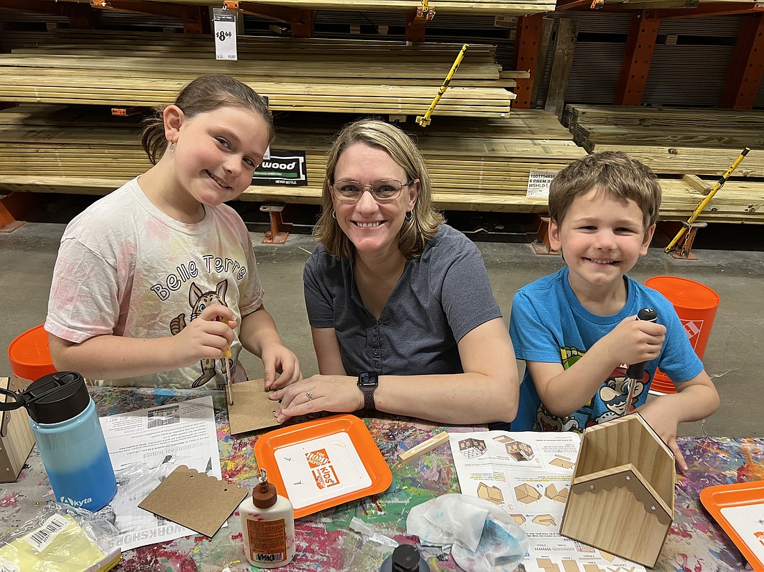 Kennedy, Hailey and Luke McMillan at The Home Depot's Kids Workshop event in December. Before the paint. Photo by Brian McMillan