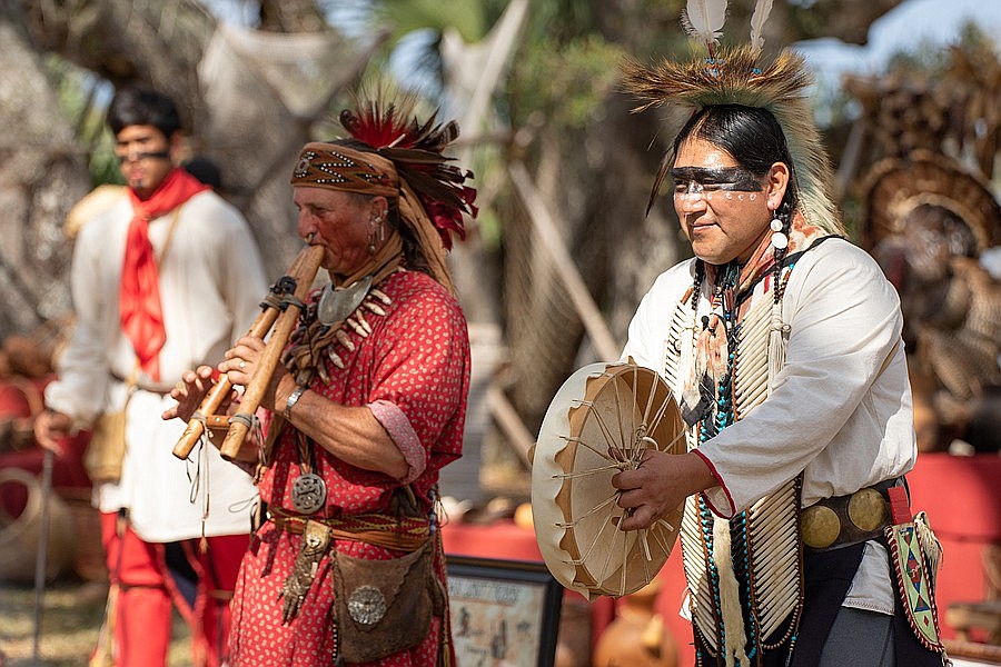 Jim Sawgrass and Martin Olvera teach spectators about Native American culture during the Native American Festival on Feb. 24. Photo by Jake Montgomery