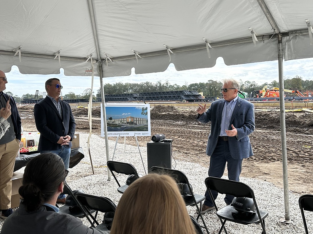Foundry Commercial Partner Mark Scott, right, says the 183,345-square-foot warehouse under construction at Butler 95 Logistics Center at 8332 Cypress Plaza Drive at Baymeadows Way is the largest speculative building ever built in the Southside. To the left is Foundry Partner J. Paul Reynolds.