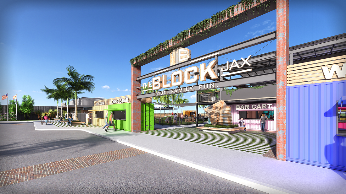 The entrance to Block Jax, whose tagline is Food. Family. Fun., is planned at southeast Gate Parkway and Village Crossing Drive.