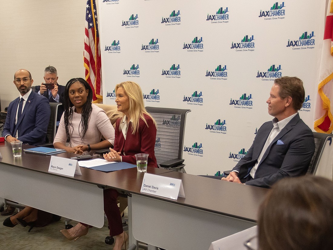 Mayor Donna Deegan and Jax Chamber President and CEO Daniel Davis were seated next to each other Nov. 13 during a meeting to welcome United Kingdom Secretary for Business and Trade Kemi Badenoch, center.