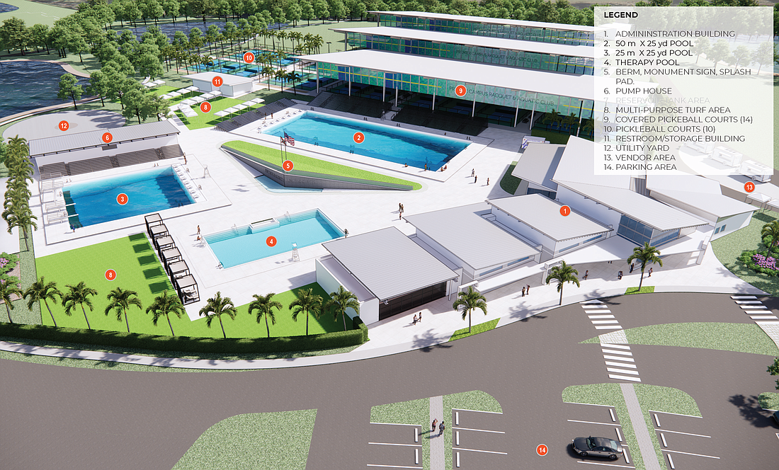 The current design for the Premier Racquet and Aquatic Complex. The 25-meter by 25-yard pool (3) is being removed from the plans.