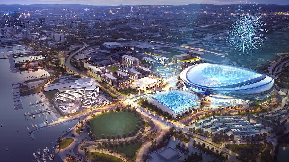 A conceptual rendering the the Jacksonville Jaguars "Stadium of the Future" with a neighboring entertainment district and other development.