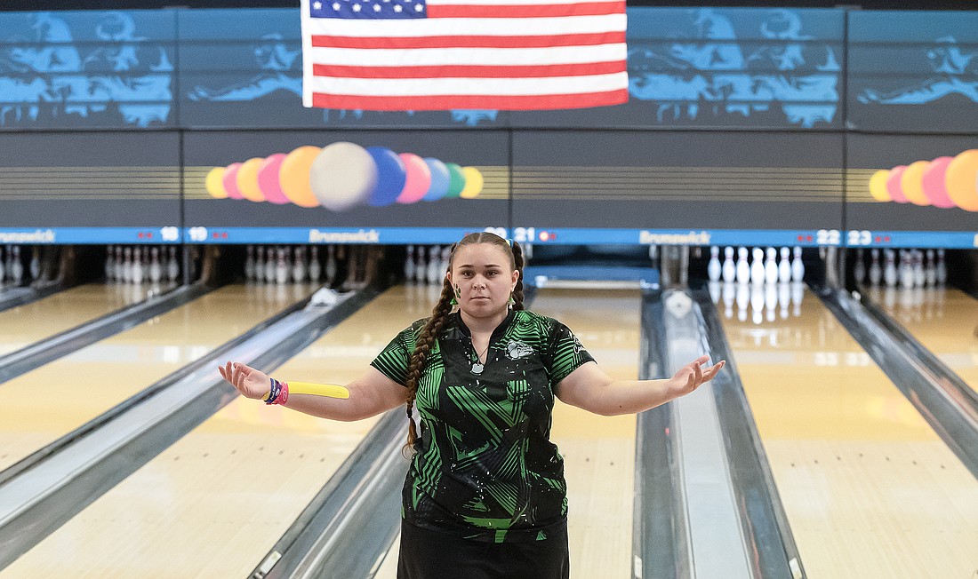 FPC's Emma Pezzullo rolled back-to-back strikes at the District 3 bowling championships. Pezzullo rolled 12 strikes in a row for a 300 game earlier in the season. Photo by Michele Meyers