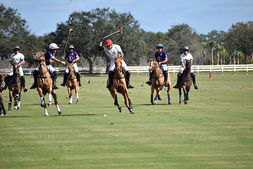 Barefield/Rawhide Creek's Joaquin Arguello splits through a host of players to take a shot Dec. 31 at the Sarasota Polo Club.