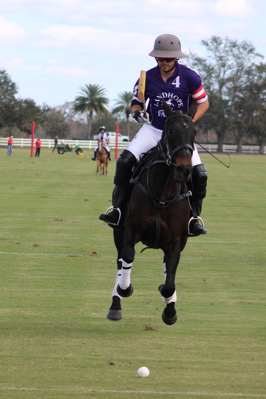 Landhope's Manuel Mazzocchi scores during his team's 8-5 win over Barefield/Rawhide Creek in the Sarasota Polo Club's season opener.
