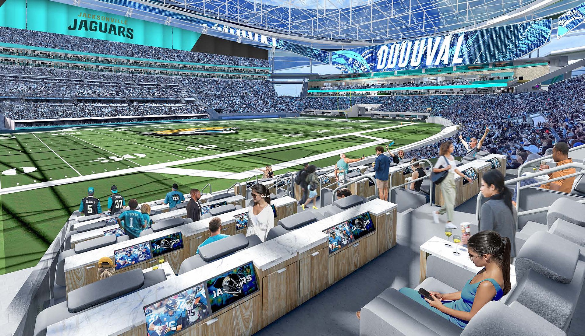 Some seats in the Jacksonville Jaguars Stadium include multiple video screens and marble counters.