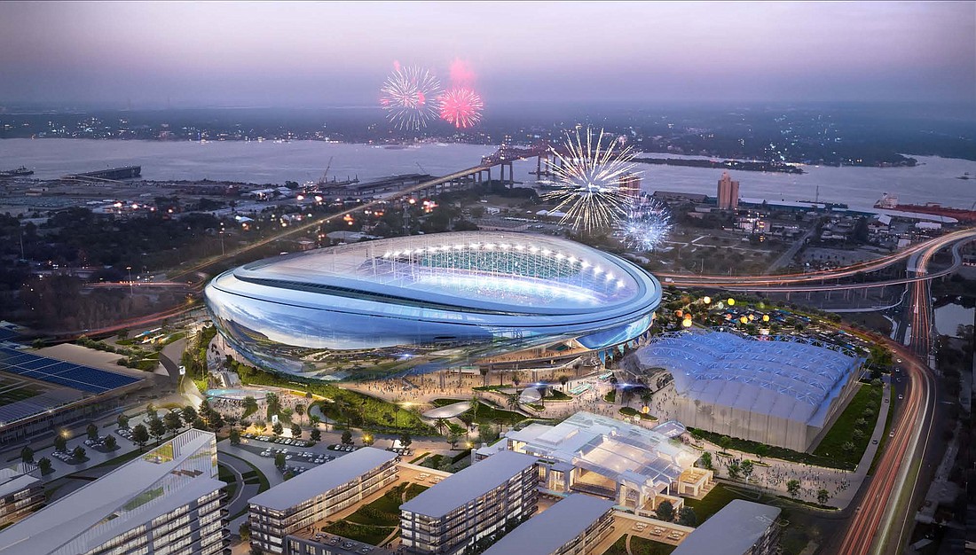 Fireworks explode over this aerial rendering of the Jacksonville Jaguars Stadium of the Future.