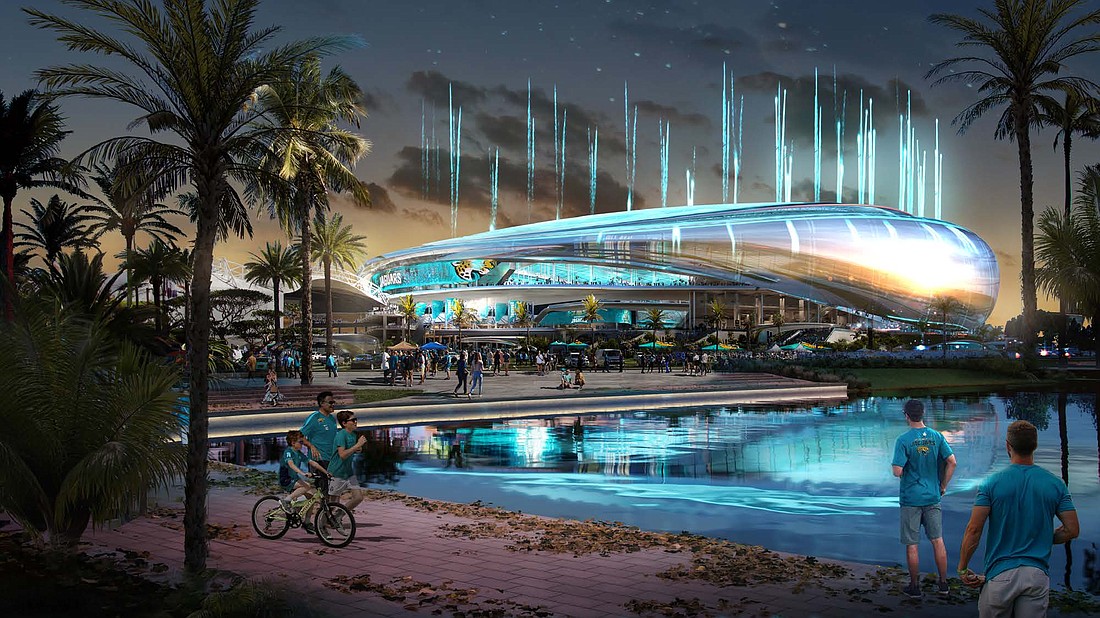 The Jacksonville Jaguars Stadium of the Future is ringed by fireworks in this nighttime rendering.