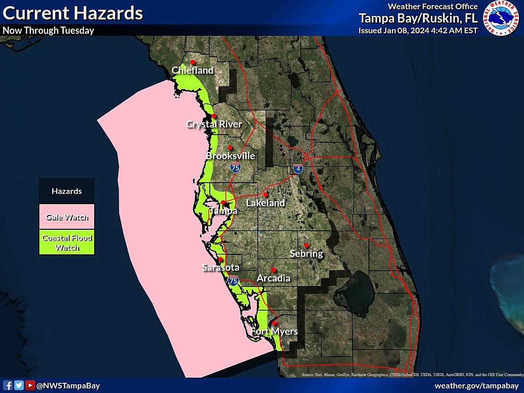 A Coastal Flood Watch has been issues for coastal Sarasota and coastal Manatee counties from Tuesday morning to Wednesday morning.