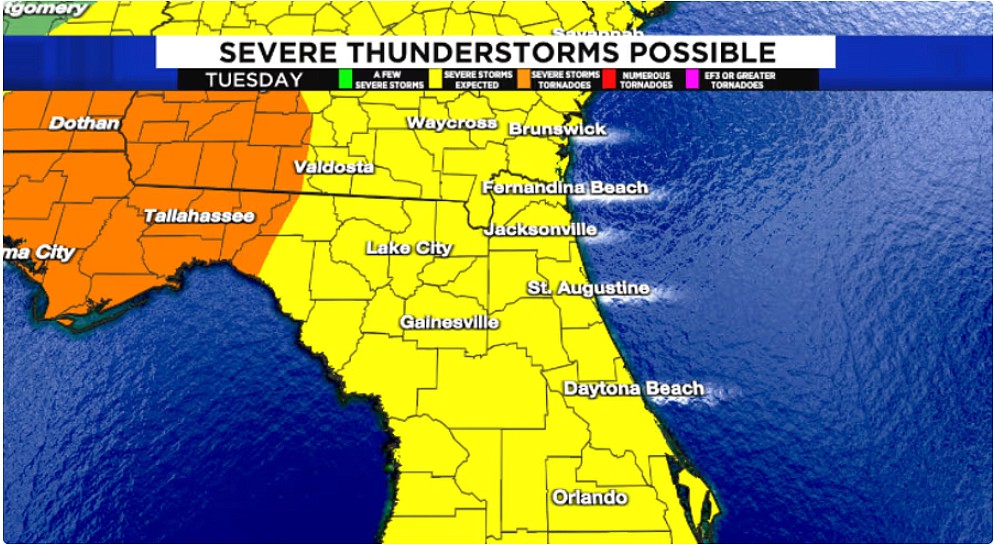 A map on News4Jax.com shows the threat of severe storms Jan. 9 in the region.