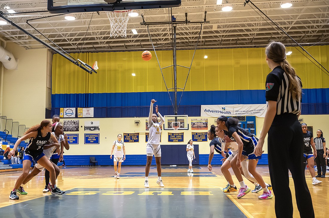 Mainland's Anovia Sheals (4) shoots a free throw in the game against the IMG Academy on Jan. 5. Photo by Michele Meyers