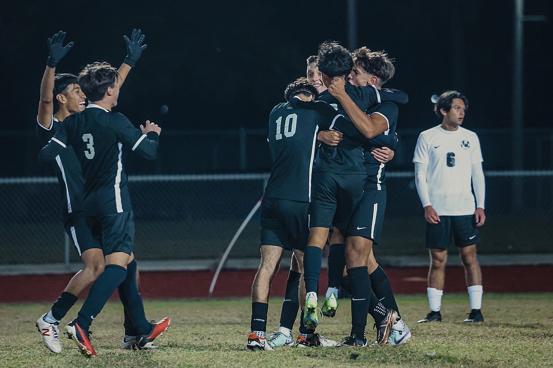 The Braden River High Pirates celebrate after a goal against Lakewood Ranch High. The Pirates beat the Mustangs 1-0 for the first time since 2015.