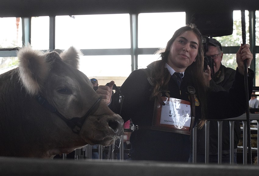 Lakewood Ranch High School's Alexis Rissler is the first to bring her steer to auction.