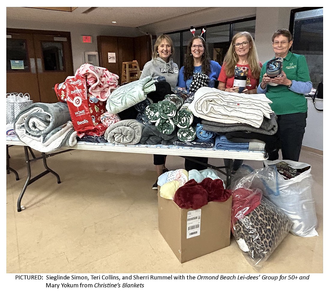 Sieglinde Simon, Teri Collins and Sherri Rummel, with the Ormond Beach Lei-dees' Group for 50+ and Mary Yochum, from Christine's Blankets. Courtesy photo