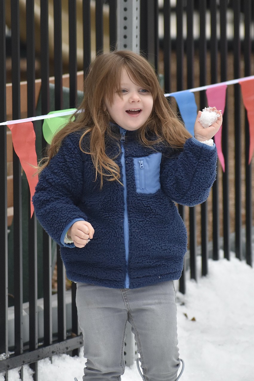 Novalee Dressendorfer, 3, prepares to toss a snowball.