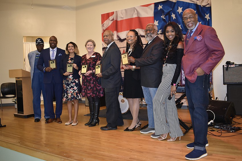 Former Sarasota mayor Willie Charles Shaw;  police sergeant Dominic Harris, founder of Brotherhood of Men; Aliciana Harvey-Lopez, Youth Emerging Leader award recipient; Angie Stringer, CEO of Girls Inc.; Dr. Melvin Price, CEO and president of MCR Health; Edna Sherrell, lead teacher at Manasota ASALH; David Wilkins, president of Manasota ASALH; Mistress of Ceremonies Jessika Ward; and event organizer Jetson Grimes.