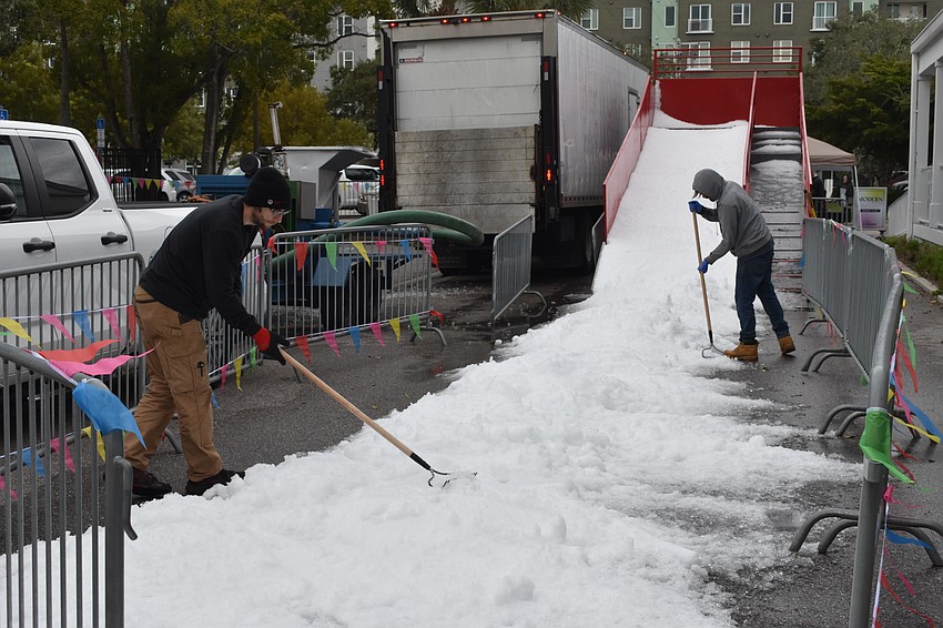 William Fuller and Chris Schofield prepare the snow slide.