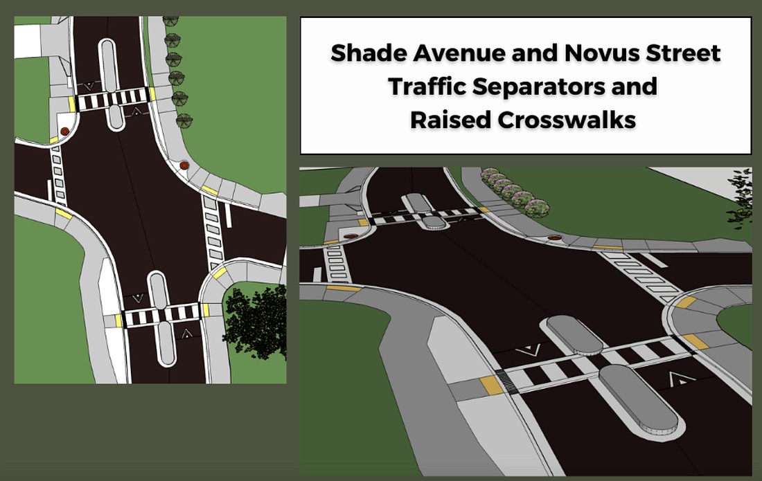 One option for the intersection of Shade Avenue and Novus Street is traffic separators and raised crosswalks.