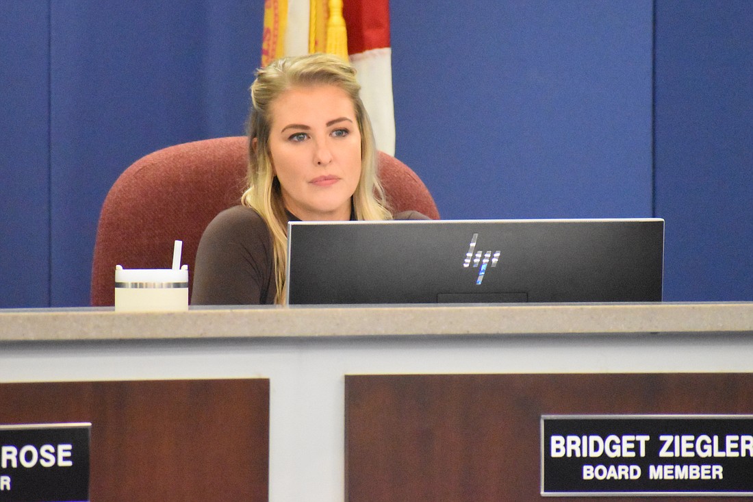 Bridget Ziegler listens to a public comment during the meeting.