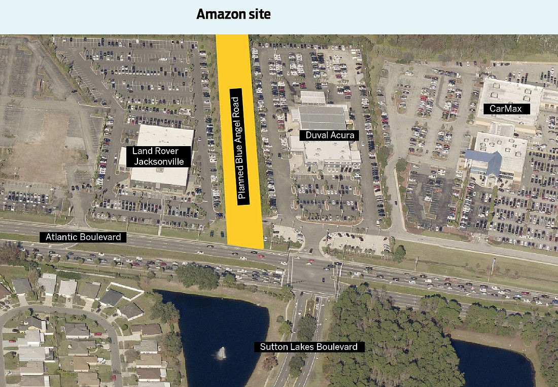Blue Angel Road connecting the Amazon site with Atlantic Boulevard is planned for a strip of land between Duval Acura and Land Rover Jacksonville.