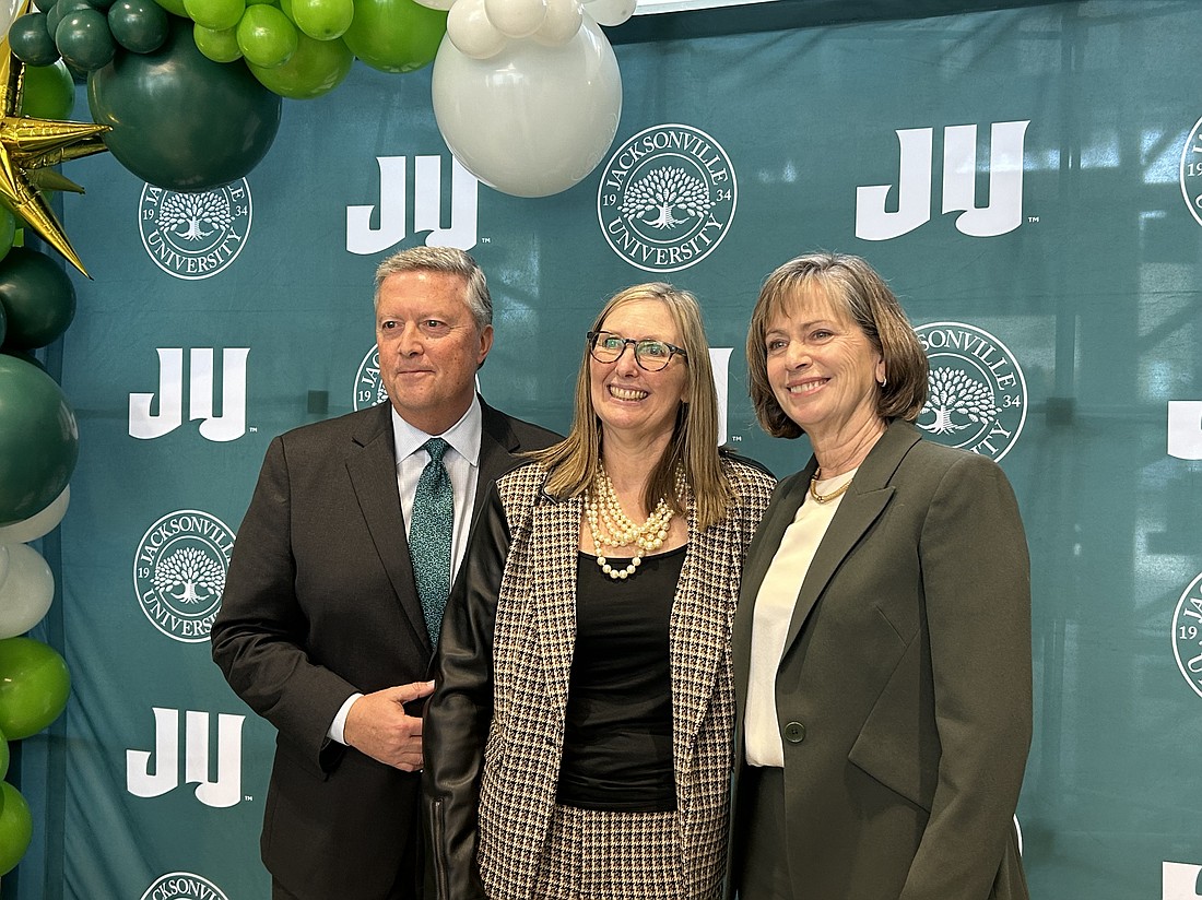 From left, Jacksonville University President Tim Cost; Lisa Sutherland, executive director of the JU Honors and Scholars Program; and Stephanie Cost, JU first lady. The Jan. 18 event marked the Costs’ philanthropic gift launching the Cost Honors College.