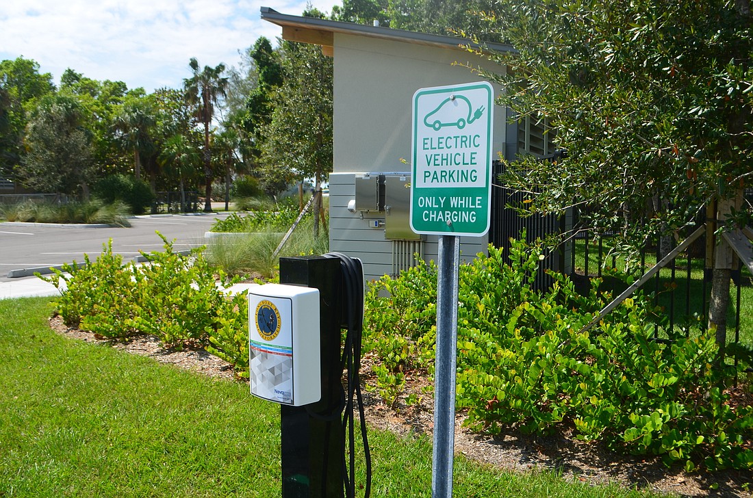 An electric vehicle charger at Longboat Key's Bayfront Park.