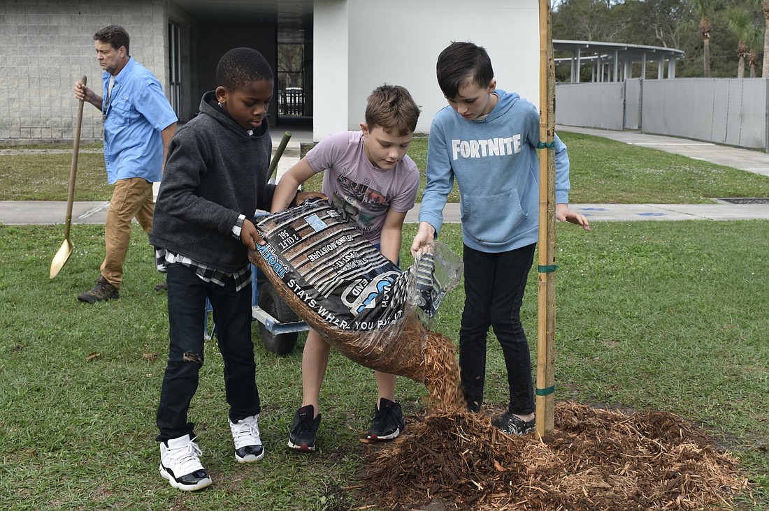 Rylen Gibbs, Dylan Luper and Owen Nystrand help spread mulch around the tree.