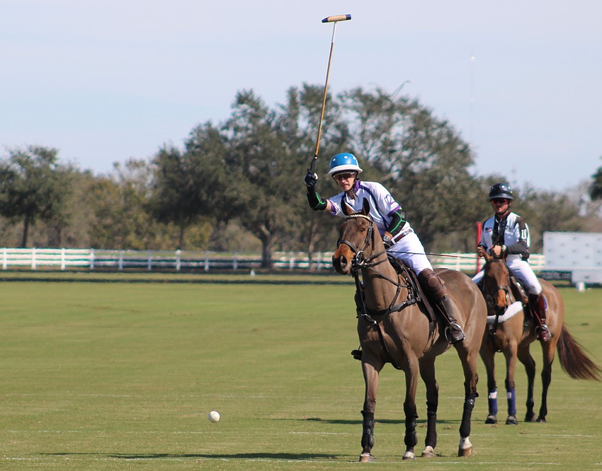 Glen Farm/Landhope's Sam Clemons scores a goal against Barefield/Whiskey Pond Jan. 21 at the Sarasota Polo Club.