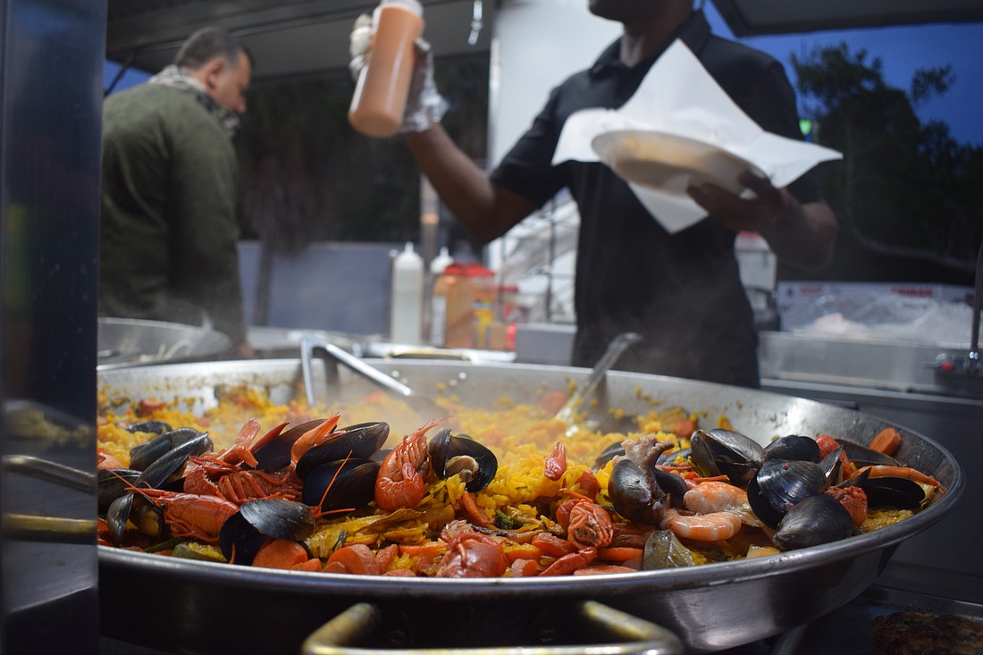 Paella cooking at the Seafood Market food truck at St. Armands Food Truck Rally and Music Festival.