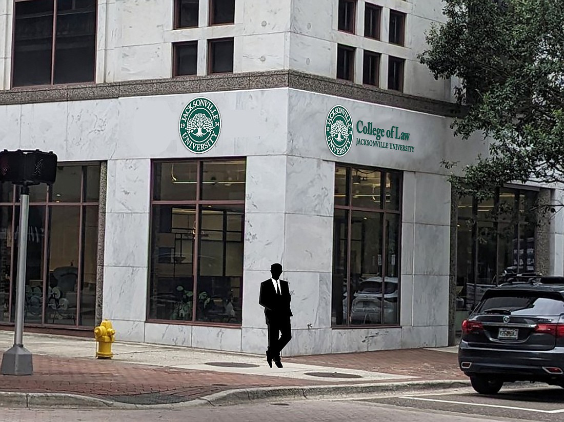 A rendering shows the Jacksonville University College of Law signage at the 121 Atlantic Place Building at Forsyth and Hogan Street.