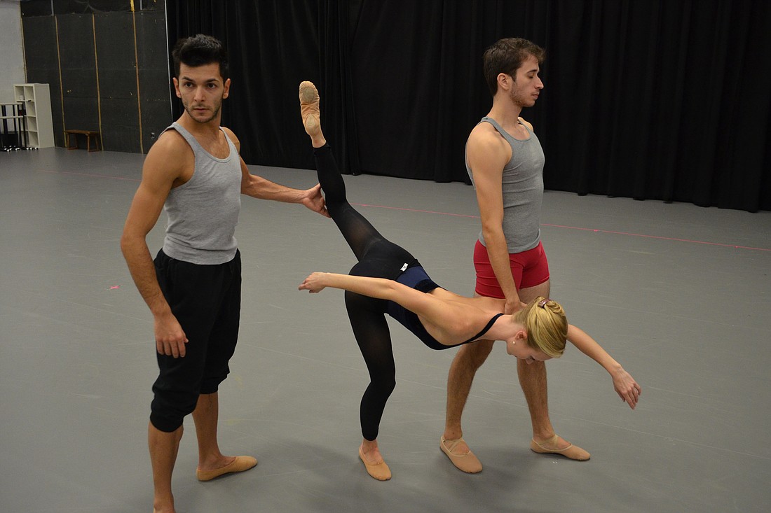 Ricardo Graziano leads Victoria Hulland and Daniel Rodriguez through a movement in 2015 ahead of his world premiere work at Jacob's Pillow Dance Festival.