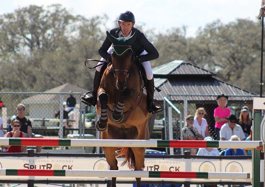 Ireland's Richie Moloney takes off aboard KS Rubellite during the $100,000 Lugano Diamonds in Myakka at the TerraNova Equestrian Center in Jan. 27.