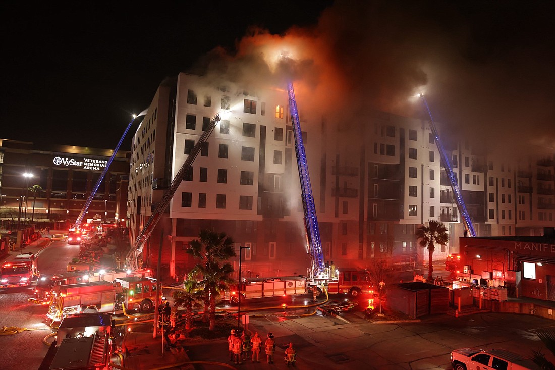 Jacksonville Fire and Rescue Department crews battle a fire Jan. 28 at the nearly completed Rise Doro apartments at 960 E. Adams St. south of VyStar Veterans Memorial Arena in the Downtown Sports District.