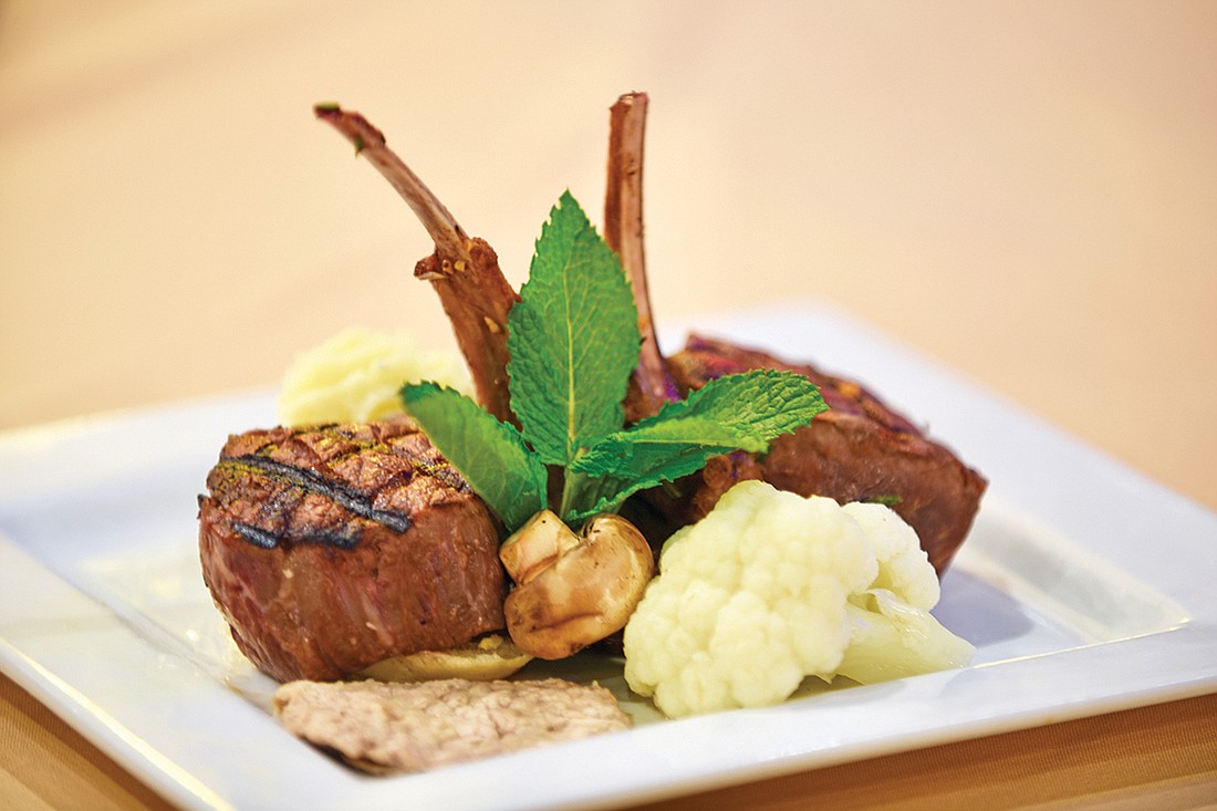 Miguel’s Mixed Grille entree consists of three tender lamb chops with mint sauce, veal with Bordelaise sauce and filet mignon with Bearnaise sauce, along with cauliflower, grilled mushrooms and duchess potatoes.