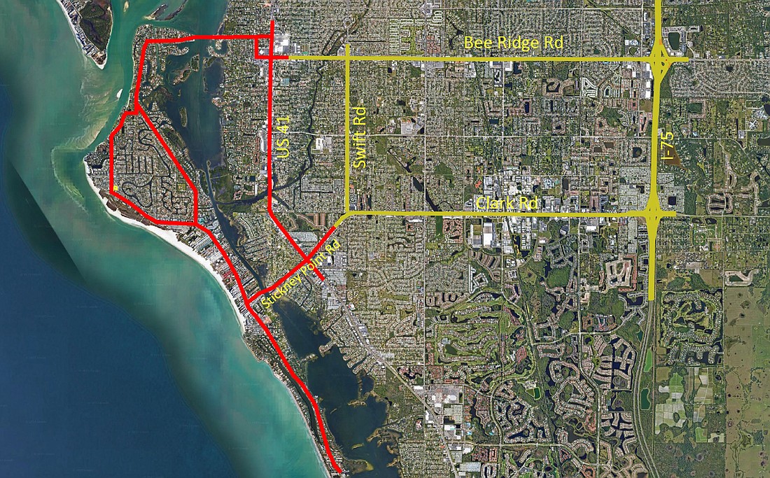 The geographic area of the rejected Siesta Key traffic micro modeling study proposal shows the primary network in red and possible secondary network in yellow.
