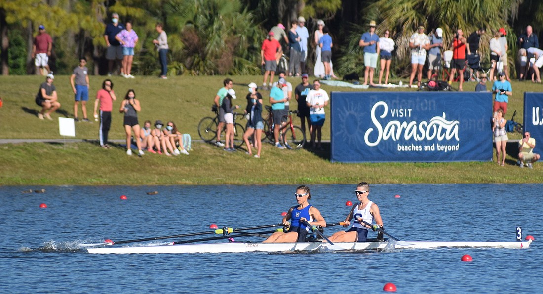 Michelle Sechser (left) will participate at the 2024 Winter Speed Order at Nathan Benderson Park. She previously teamed with Molly Reckford in the women's lightweight doubles at the U.S. Olympic Rowing Trials held at Benderson Park in 2021.