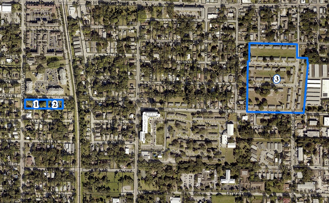 Sites 1 and 2 are 1442 and 1456 22nd St. Site 3 is the location of Bertha Mitchell homes, which Sarasota Housing Authority is seeking to redevelop into a public housing community of up to 50 units per acre.