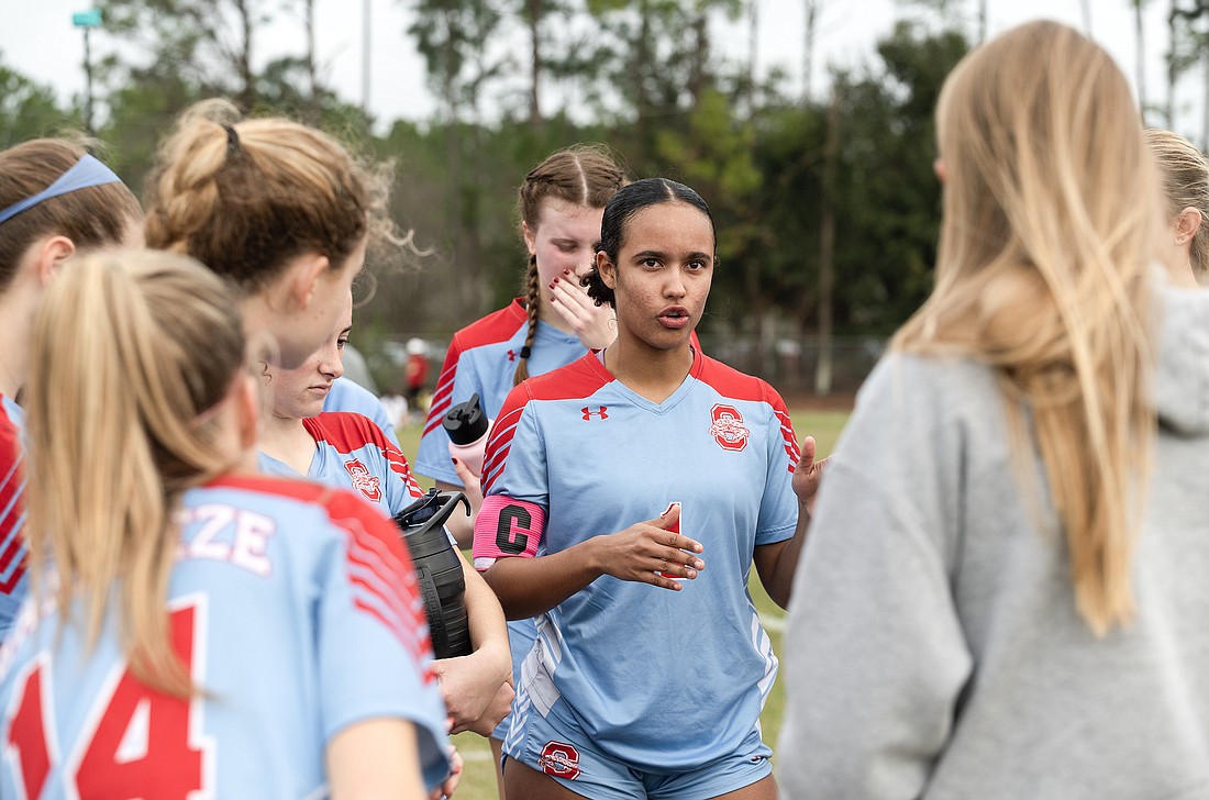 Seabreeze captain Kylie Watson talks to her teammates during halftime at the Five Star Conference soccer tournament on Jan. 13. File photo by Michele Meyers