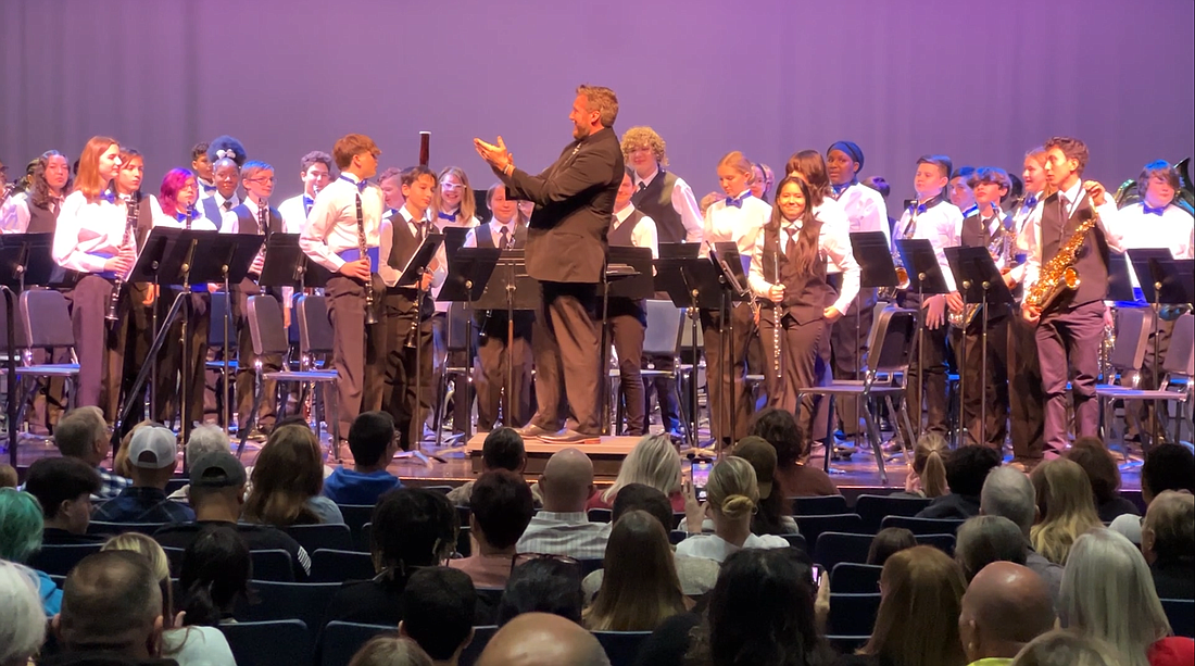 The Middle School All-County Band performs at the Matanzas Pirate Theater. Joey Powell, the band director at Silver Sands Middle School in Port Orange, is the guest conductor. Photo by Brian McMillan.