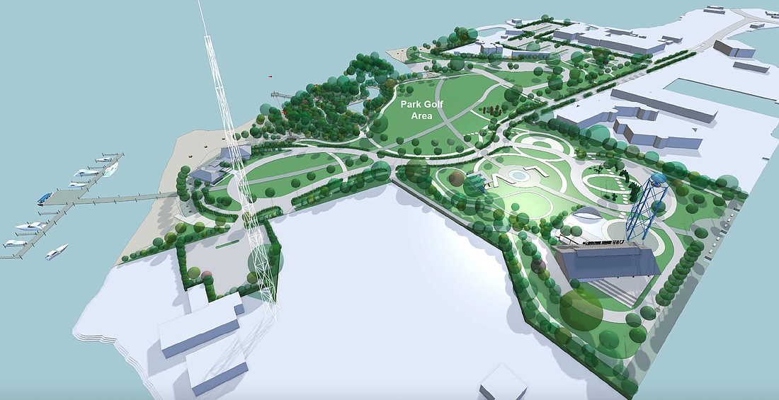 Ride Entertainment's concept for Ken Thompson Park on City Island shows boat docks for water taxi and boaters and the proposed park golf area.