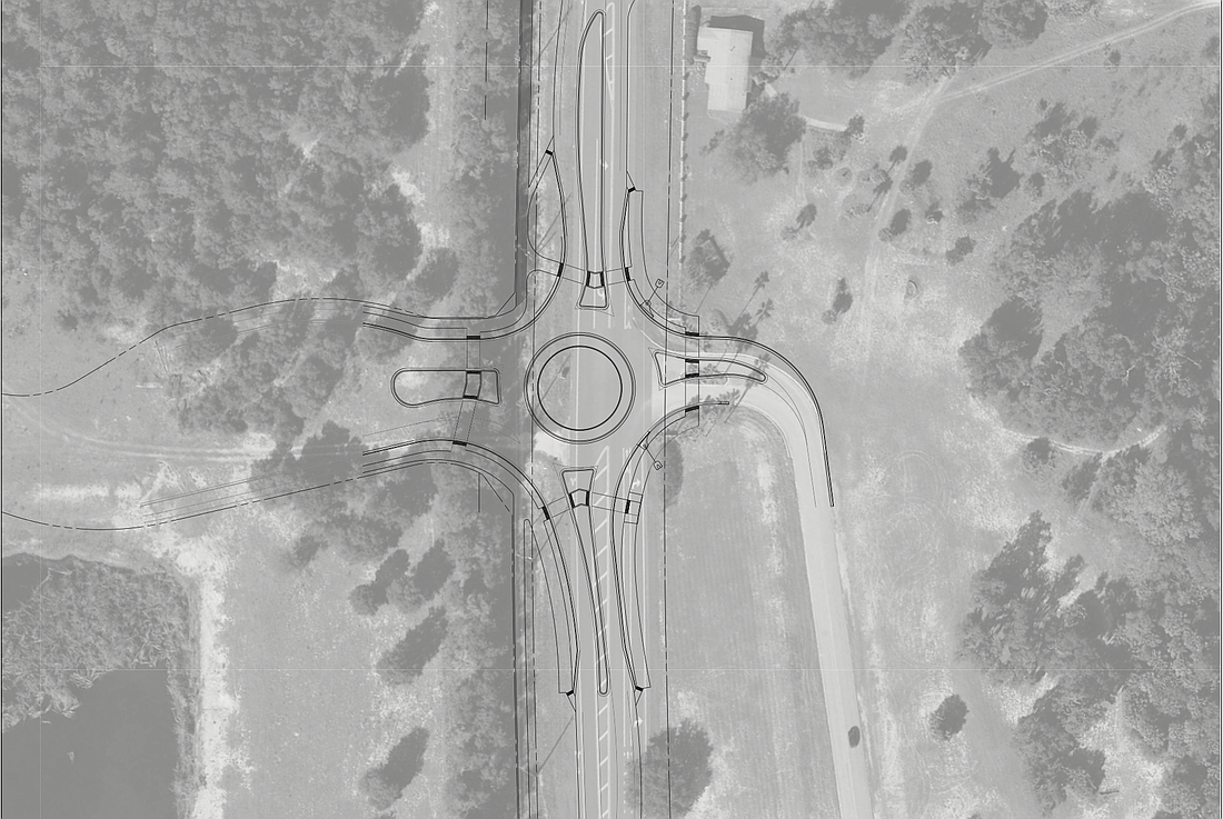 A sketch of the proposed roundabout for the Radiance development, with Audubon Way on the right. Image screenshot from Flagler County meeting documents
