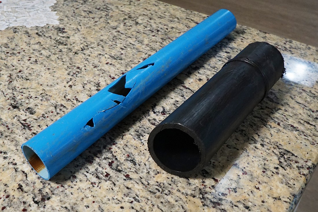 The new piping (right) in Spanish Main is made of high-density polyethylene. The original piping (left) dates back to the 1960s.