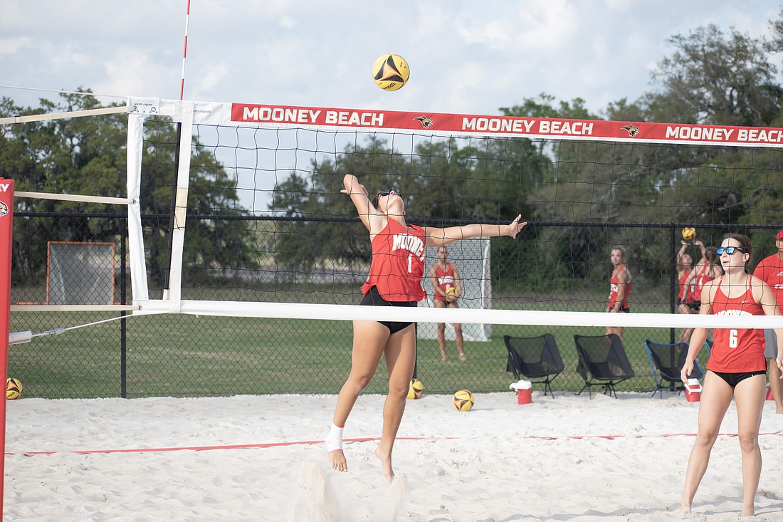 Cardinal Mooney High senior Helena Hebda (1) will be a leader on the Cougars beach volleyball team in 2024.
