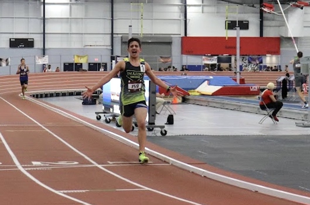 Flagler County's Douglas Seth crosses the finish line with the fastest time in the nation in the middle-school 3,000-meter race at the High School/Middle School Indoor Track Championships on Feb. 10 in Gainesville. Courtesy photo